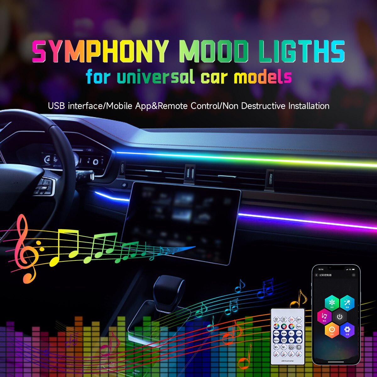 Led Ambient Interior Car Lights App Control - Lumière ambiante LED pour voiture, 64